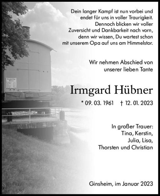 Traueranzeige von Irmgard Hübner von Rüsselsheimer Echo