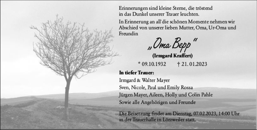  Traueranzeige für Irmgard Kraffert vom 28.01.2023 aus Allgemeine Zeitung Mainz