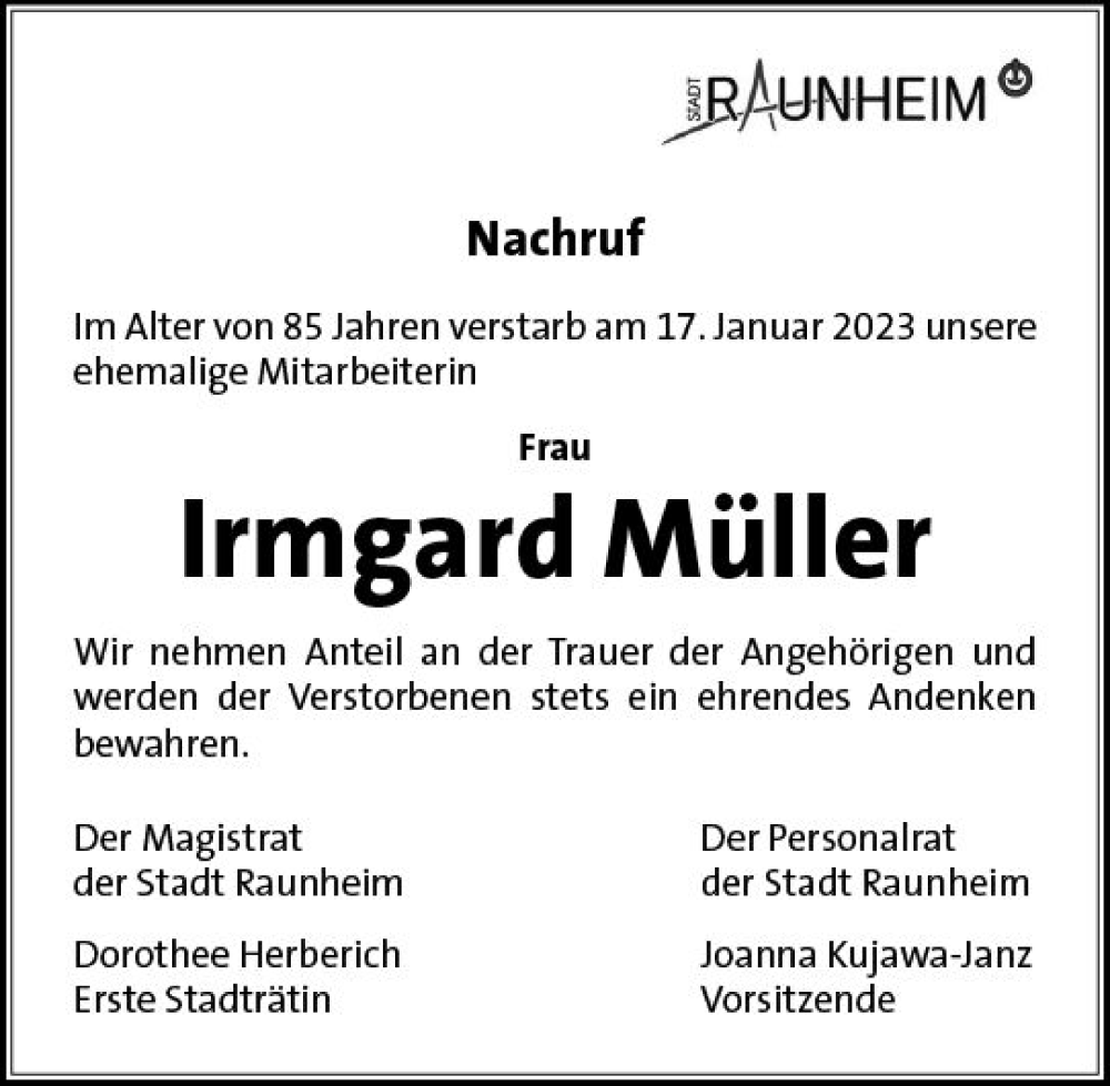  Traueranzeige für Irmgard Müller vom 26.01.2023 aus Rüsselsheimer Echo