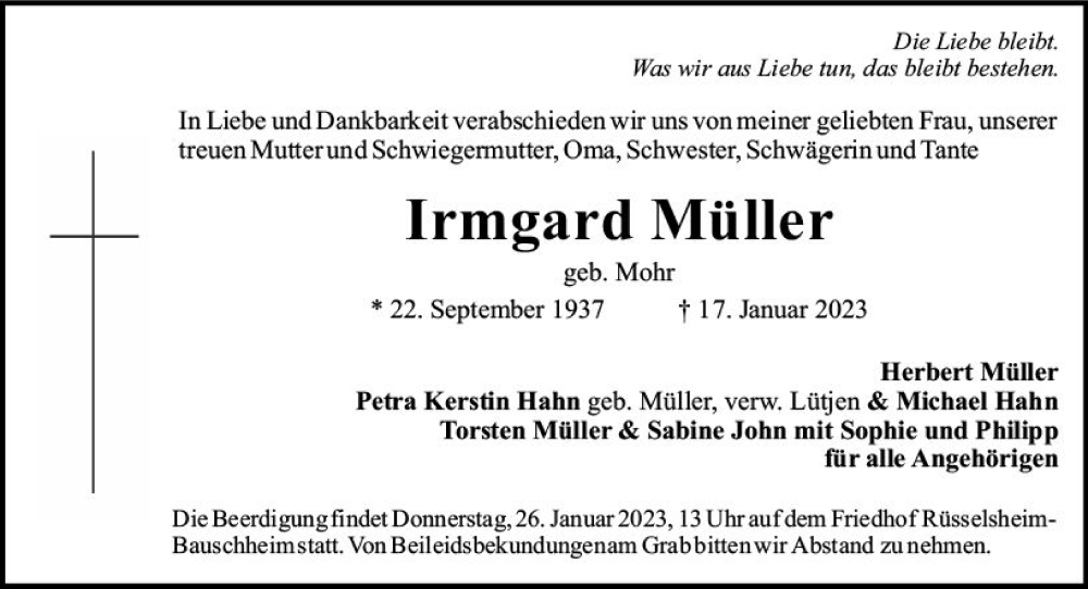  Traueranzeige für Irmgard Müller vom 21.01.2023 aus Rüsselsheimer Echo