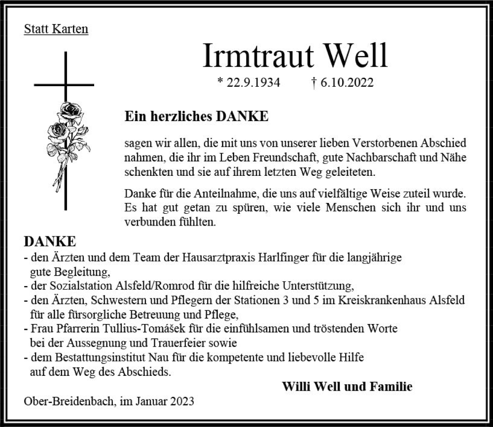  Traueranzeige für Irmtraut Well vom 14.01.2023 aus OK Oberhessen Kurier