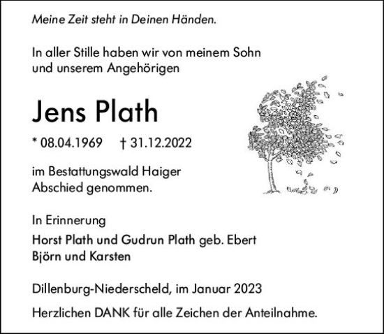 Traueranzeige von Jens Plath von Dill Block