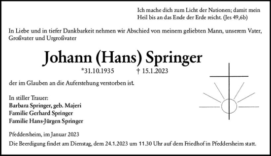 Traueranzeige von Johann Springer von Wormser Zeitung