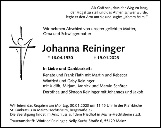 Traueranzeige von Johanna Reininger von Allgemeine Zeitung Mainz