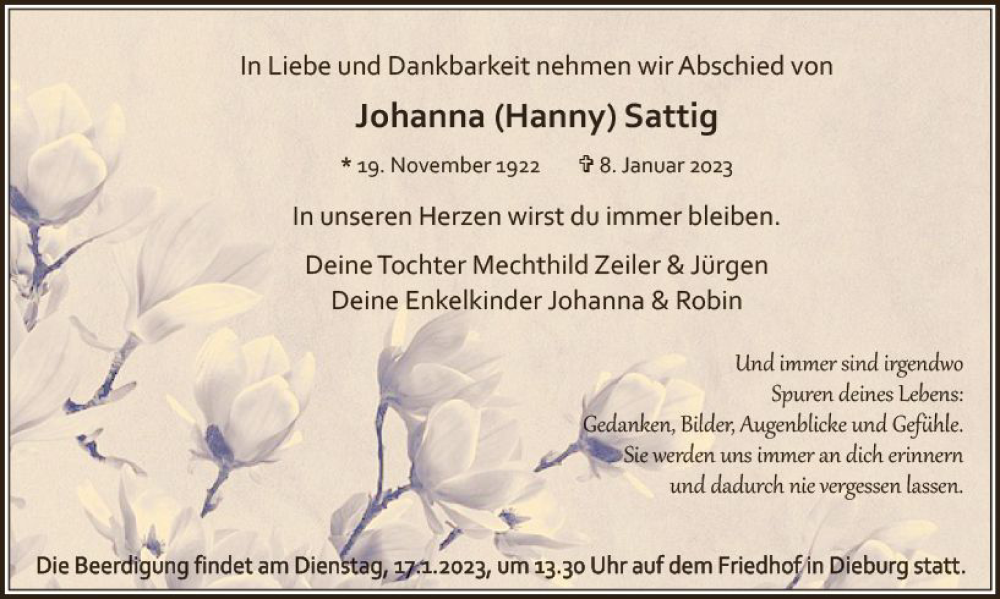  Traueranzeige für Johanna Sattig vom 14.01.2023 aus DieburgerAnzeiger/Groß-Zimmerner Lokalanzeiger