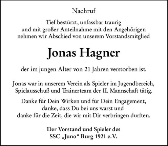 Traueranzeige von Jonas Hagner von Dill Block