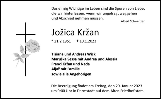 Traueranzeige von Jozica Krzan von Darmstädter Echo