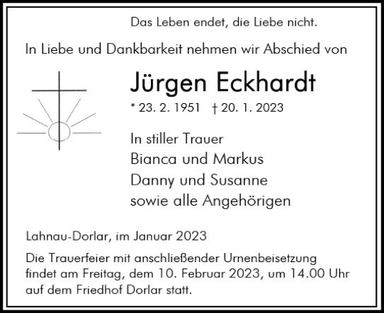 Traueranzeige von Jürgen Eckhardt von Wetzlarer Neue Zeitung