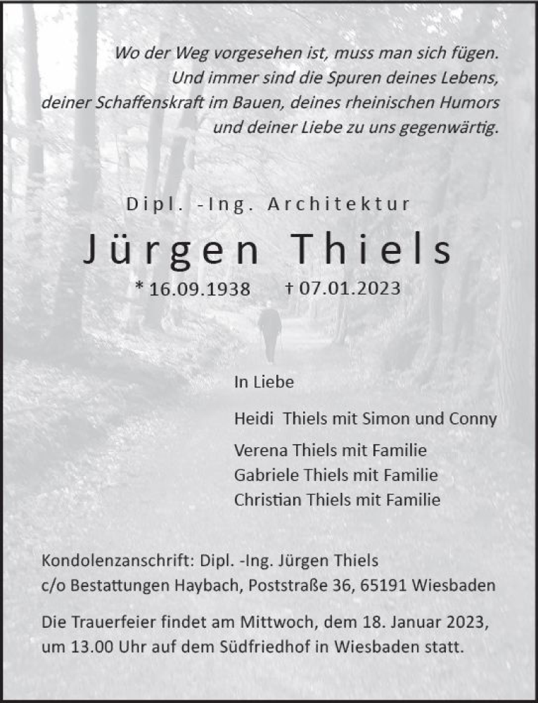  Traueranzeige für Jürgen Thiels vom 14.01.2023 aus Wiesbadener Kurier gesamt