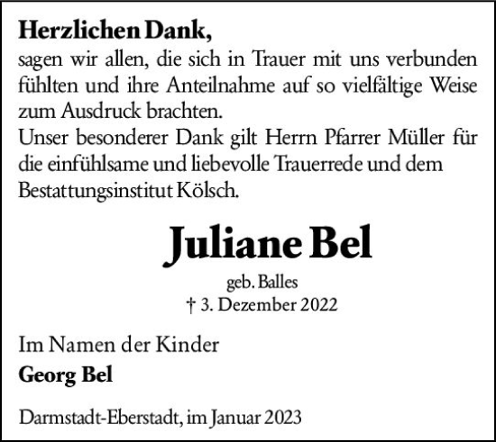 Traueranzeige von Juliane Bel von Darmstädter Echo