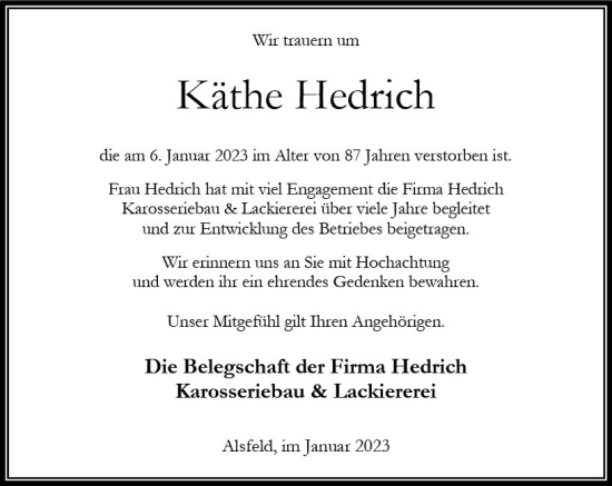 Traueranzeige von Käthe Hedrich von OK Oberhessen Kurier