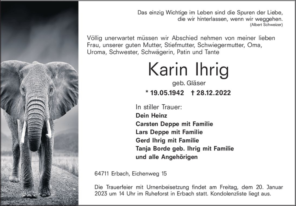  Traueranzeige für Karin Ihrig vom 14.01.2023 aus Odenwälder Echo