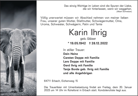 Traueranzeige von Karin Ihrig von Odenwälder Echo
