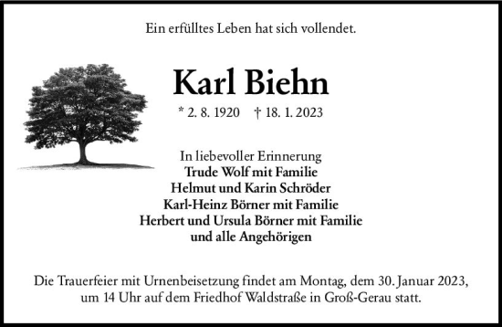 Traueranzeige von Karl Biehn von Groß-Gerauer Echo