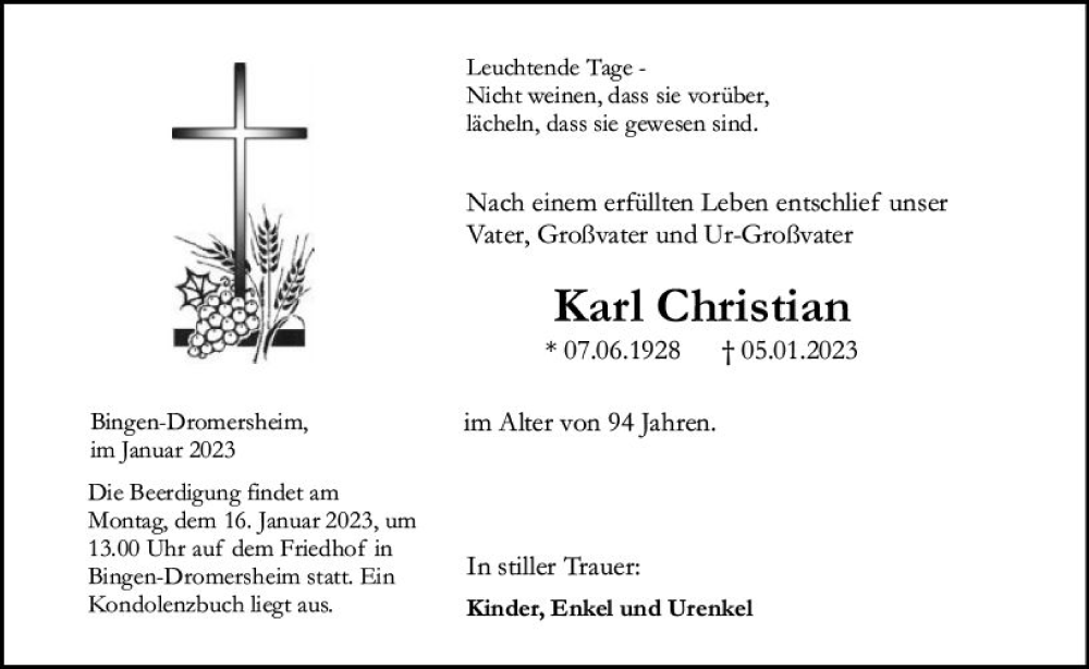  Traueranzeige für Karl Christian vom 13.01.2023 aus Allgemeine Zeitung Ingelheim-Bingen
