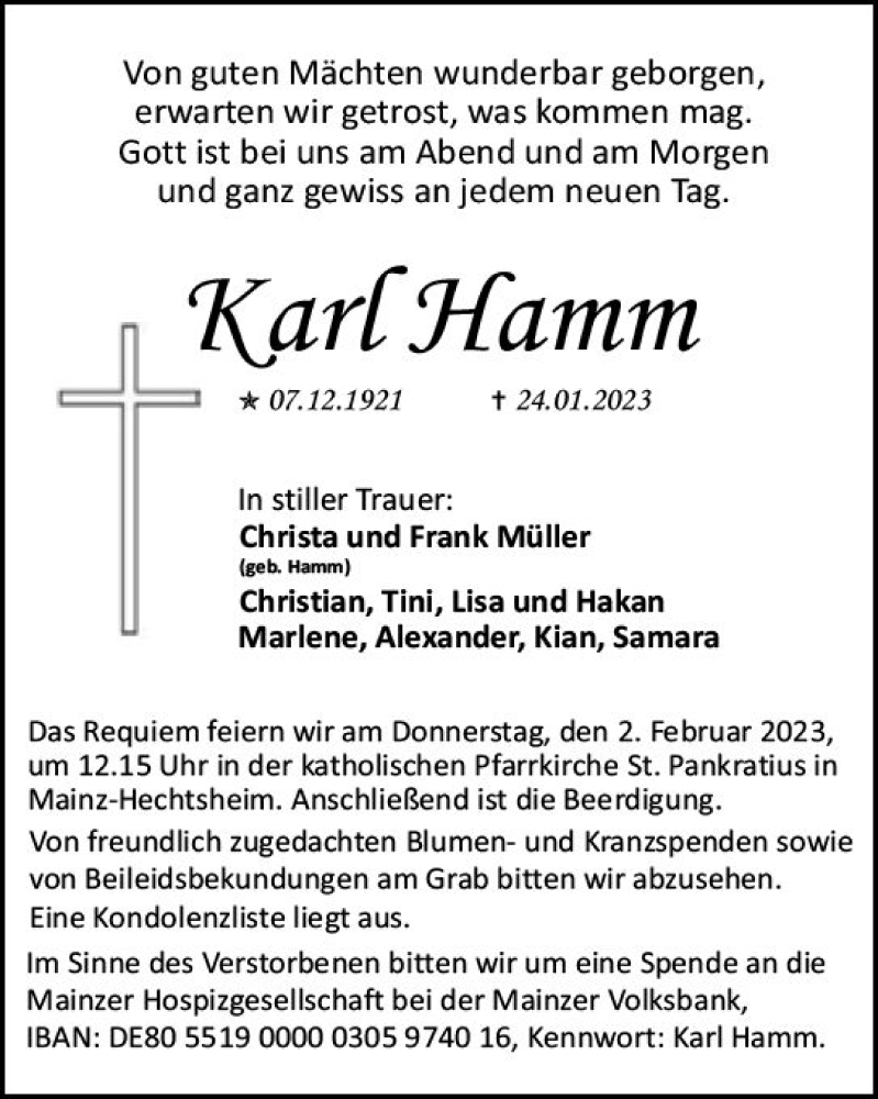  Traueranzeige für Karl Hamm vom 28.01.2023 aus Allgemeine Zeitung Mainz