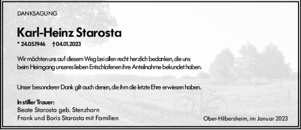  Traueranzeige für Karl-Heinz Starosta vom 28.01.2023 aus Allgemeine Zeitung Ingelheim-Bingen