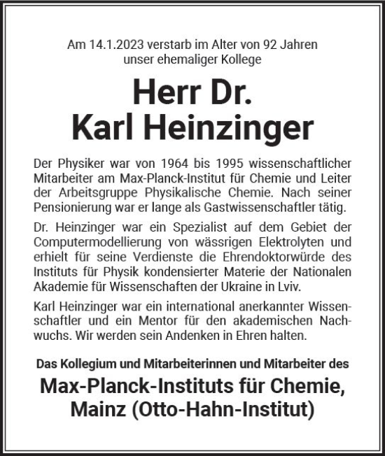 Traueranzeige von Karl Heinzinger von Allgemeine Zeitung Mainz