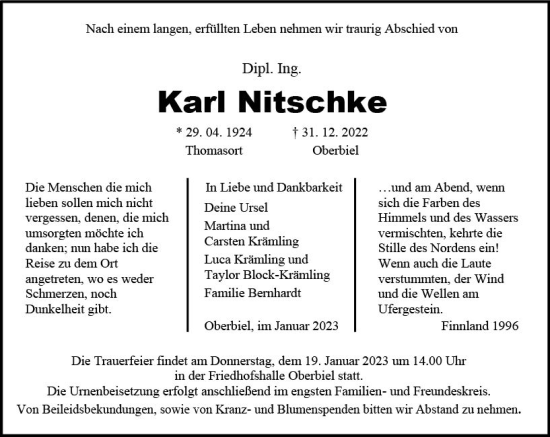Traueranzeige von Karl Nitschke von Wetzlarer Neue Zeitung