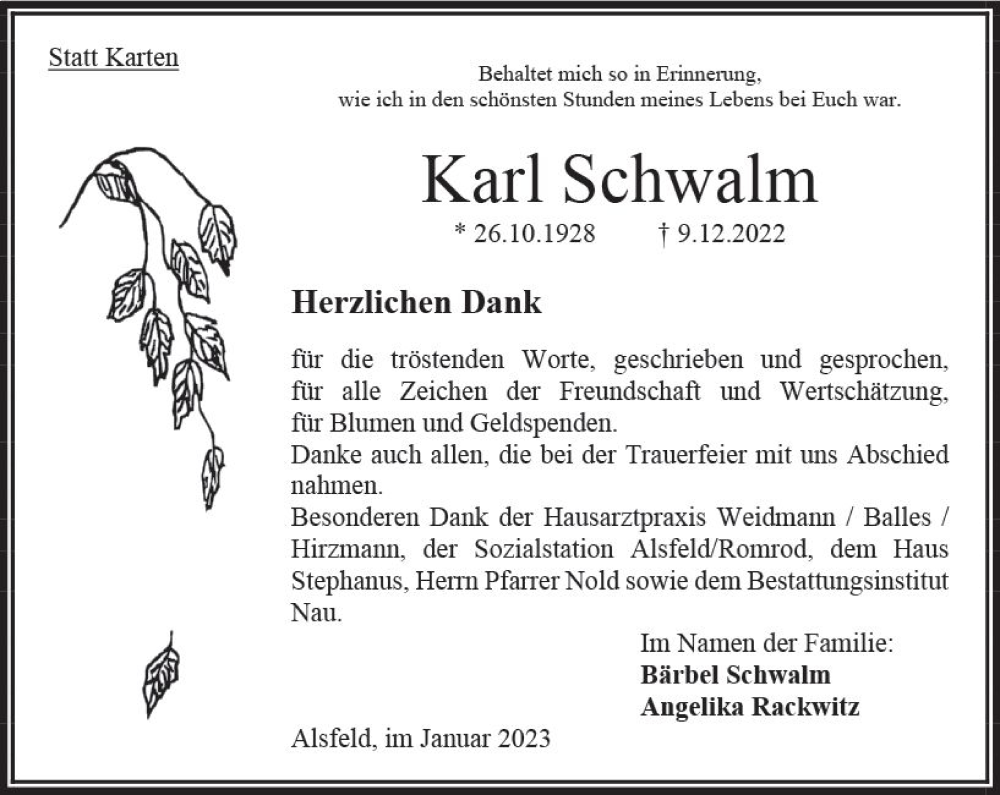  Traueranzeige für Karl Schwalm vom 14.01.2023 aus OK Oberhessen Kurier