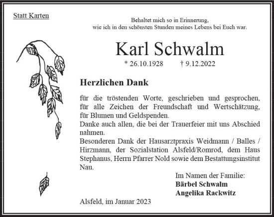 Traueranzeige von Karl Schwalm von OK Oberhessen Kurier