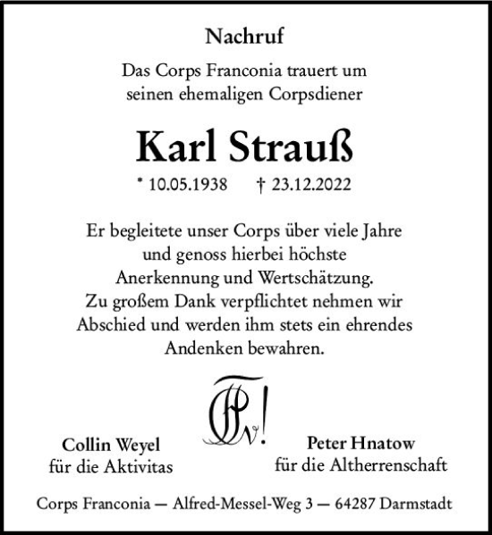 Traueranzeige von Karl Strauß von Darmstädter Echo
