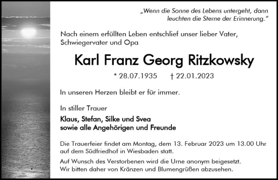 Traueranzeige von Karl Franz Georg Ritzkowsky von Wiesbadener Kurier gesamt