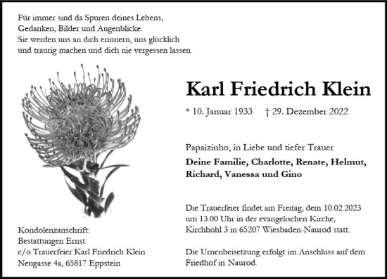 Traueranzeige von Karl Friedrich Klein von Wiesbadener Kurier gesamt