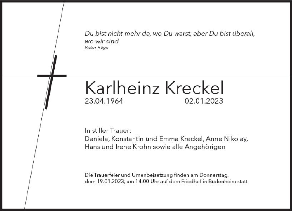  Traueranzeige für Karlheinz Kreckel vom 14.01.2023 aus Allgemeine Zeitung Mainz