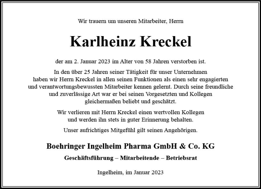  Traueranzeige für Karlheinz Kreckel vom 14.01.2023 aus Allgemeine Zeitung Ingelheim-Bingen