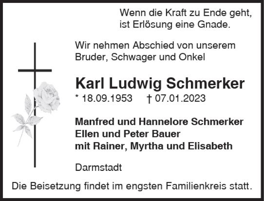  Traueranzeige für Karl Ludwig Schmerker vom 14.01.2023 aus Darmstädter Echo