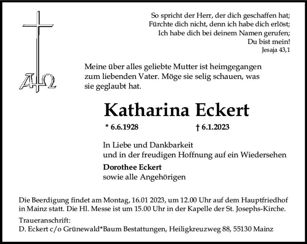 Traueranzeige für Katharina Eckert vom 14.01.2023 aus Allgemeine Zeitung Mainz