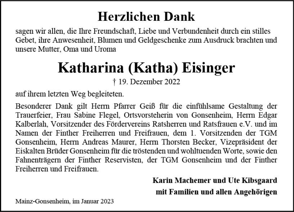  Traueranzeige für Katharina  Eisinger vom 21.01.2023 aus Allgemeine Zeitung Mainz