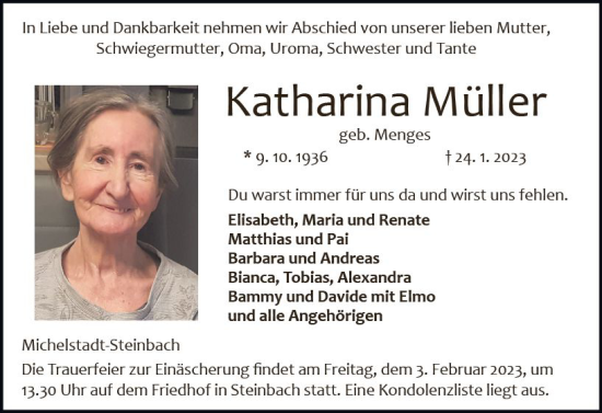 Traueranzeige von Katharina Müller von Odenwälder Echo