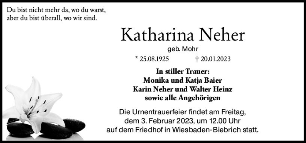  Traueranzeige für Katharina Neher vom 28.01.2023 aus Wiesbadener Kurier gesamt