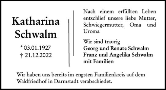 Traueranzeige von Katharina Schwalm von Darmstädter Echo