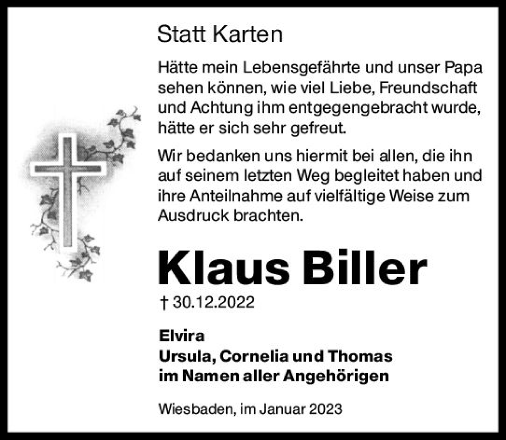  Traueranzeige für Klaus Biller vom 21.01.2023 aus Wiesbadener Kurier gesamt