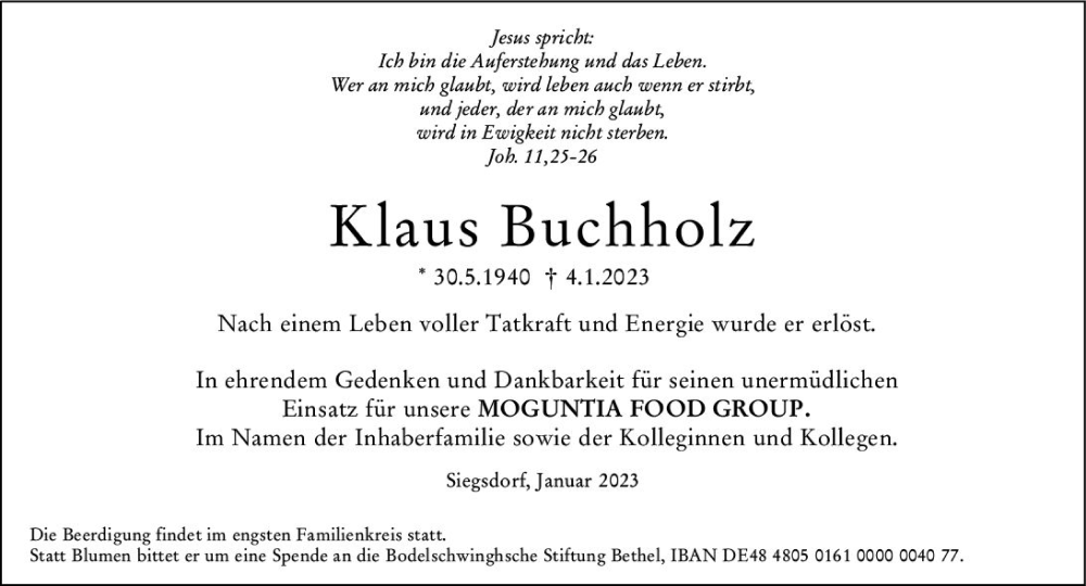  Traueranzeige für Klaus Buchholz vom 12.01.2023 aus Allgemeine Zeitung Mainz