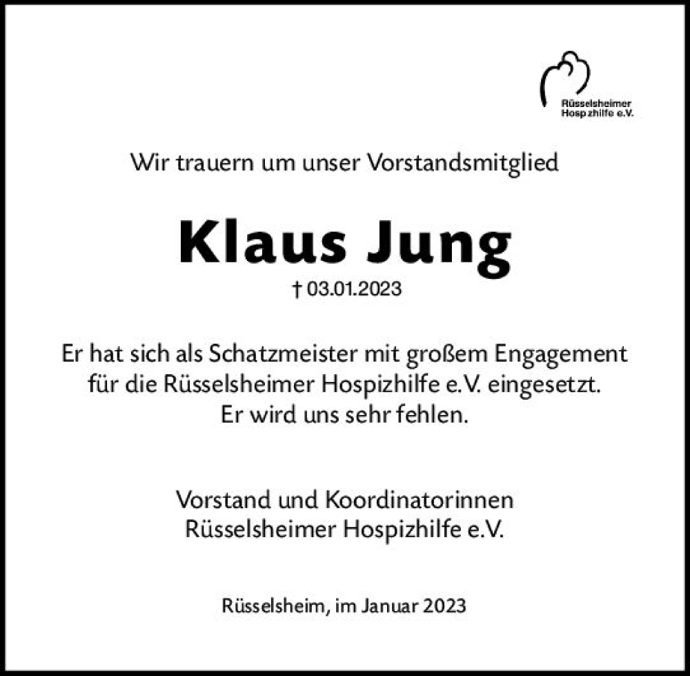  Traueranzeige für Klaus Jung vom 21.01.2023 aus Rüsselsheimer Echo
