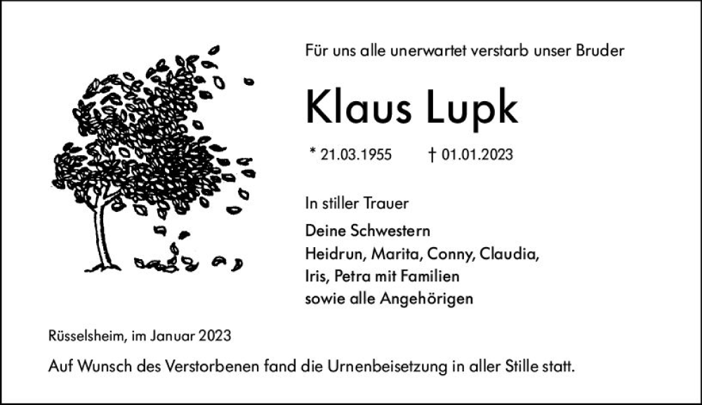  Traueranzeige für Klaus Lupk vom 21.01.2023 aus Rüsselsheimer Echo