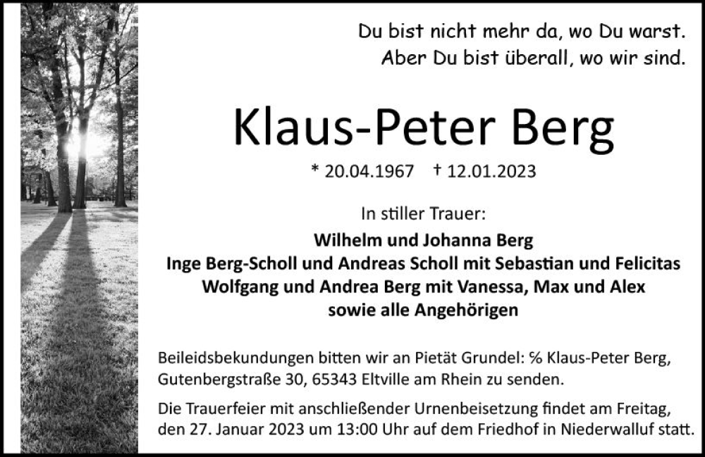  Traueranzeige für Klaus-Peter Berg vom 21.01.2023 aus WK Rheingau