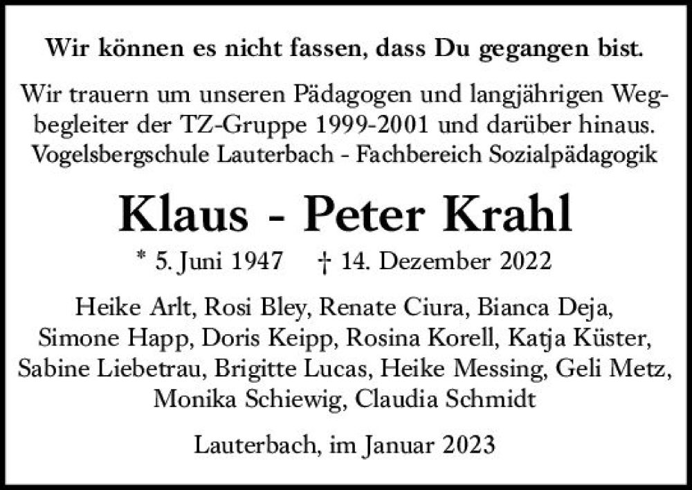  Traueranzeige für Klaus-Peter Krahl vom 14.01.2023 aus VRM Trauer