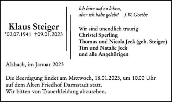 Traueranzeige von Klaus Steiger von Darmstädter Echo