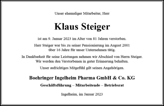 Traueranzeige von Klaus Steiger von Darmstädter Echo