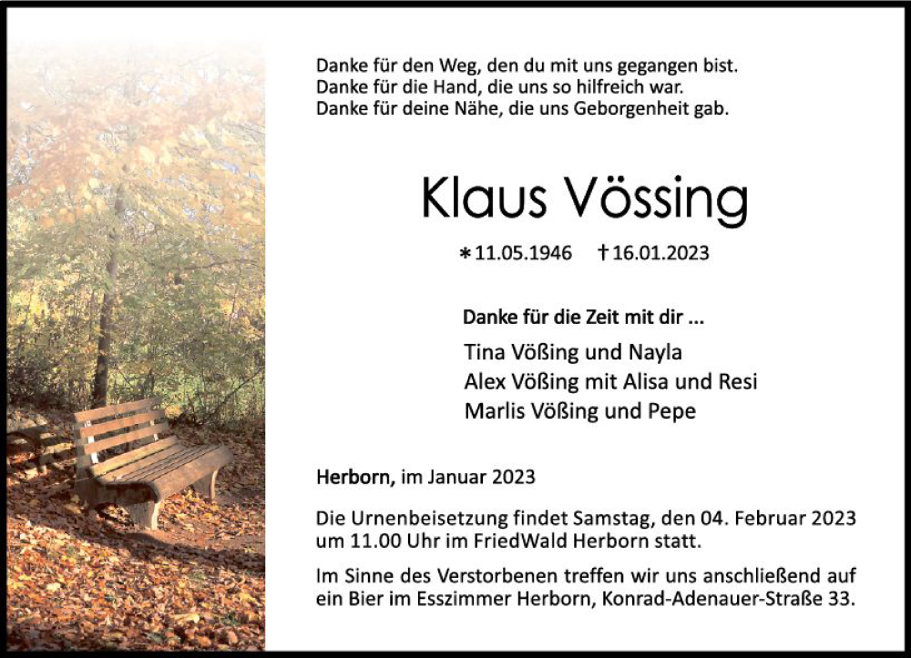  Traueranzeige für Klaus Vössing vom 28.01.2023 aus Dill Block
