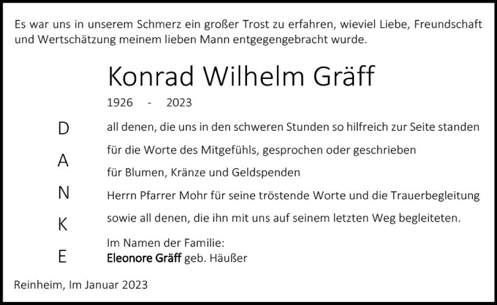  Traueranzeige für Konrad Wilhelm Gräff vom 28.01.2023 aus Darmstädter Echo