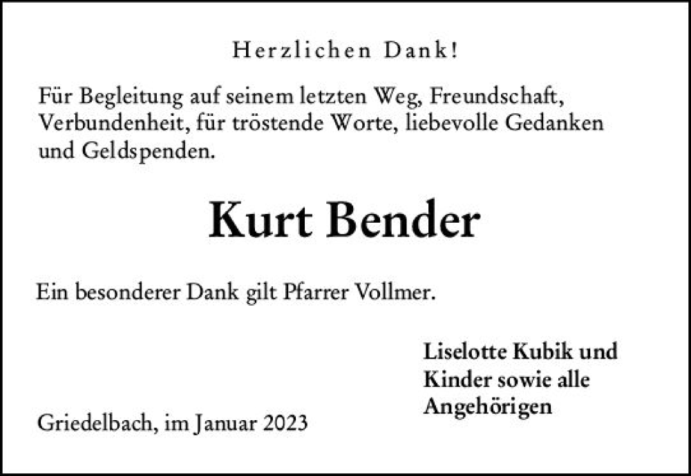  Traueranzeige für Kurt Bender vom 14.01.2023 aus Wetzlarer Neue Zeitung