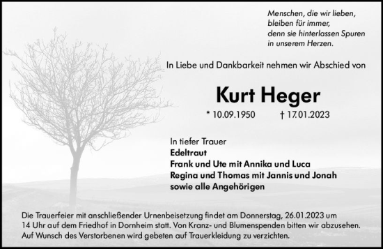 Traueranzeige von Kurt Heger von Groß-Gerauer Echo