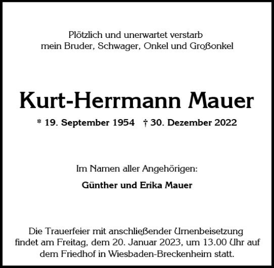 Traueranzeige von Kurt-Herrmann Mauer von Wiesbadener Kurier gesamt