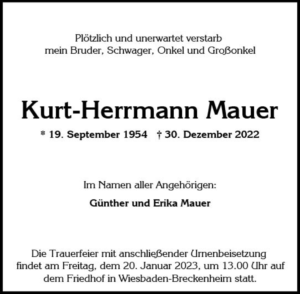  Traueranzeige für Kurt-Herrmann Mauer vom 14.01.2023 aus Wiesbadener Kurier gesamt